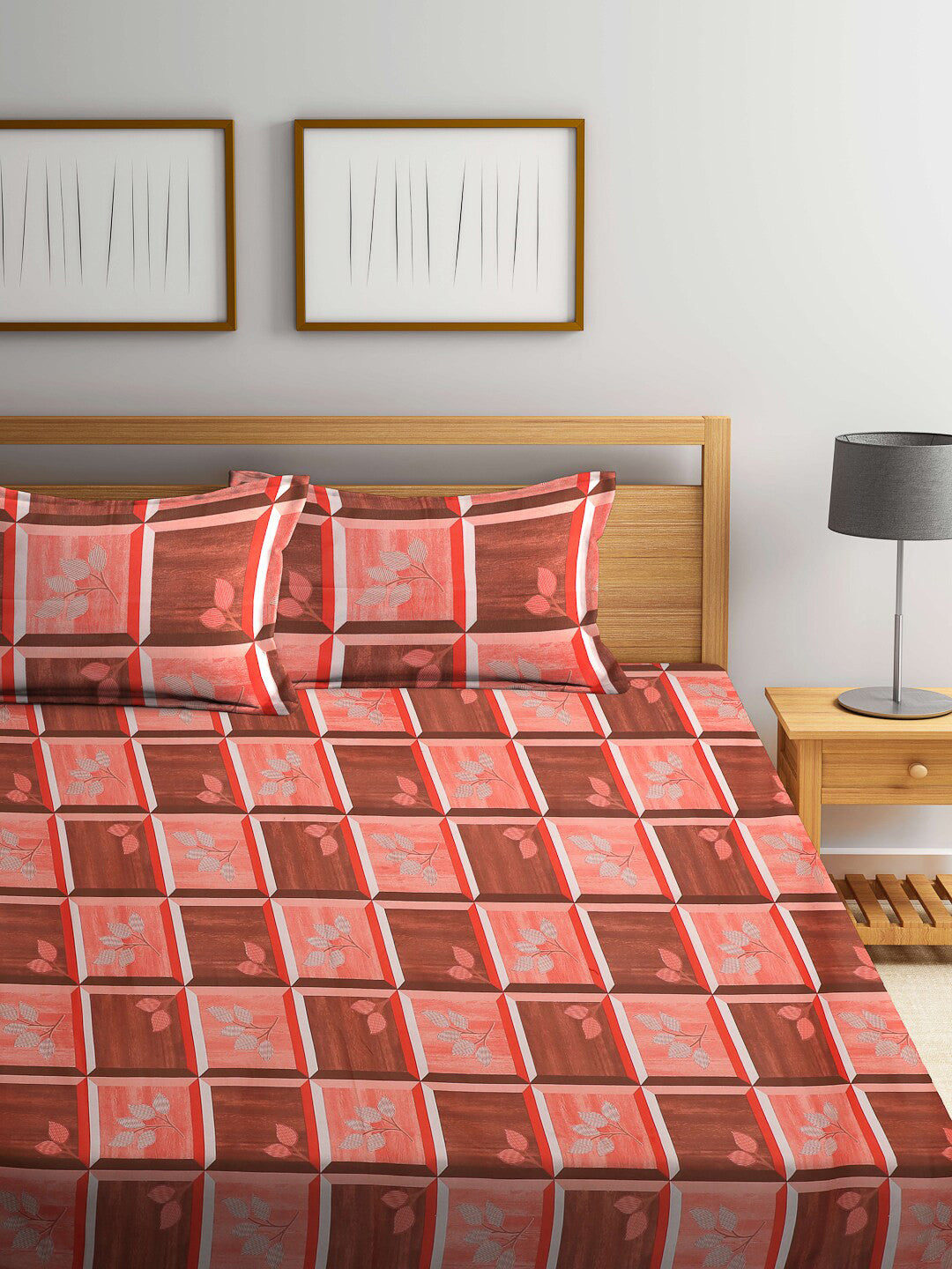 Brown checked cotton queen bedsheet, brown & peach & white